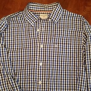 Blue and black plaid button down shirt